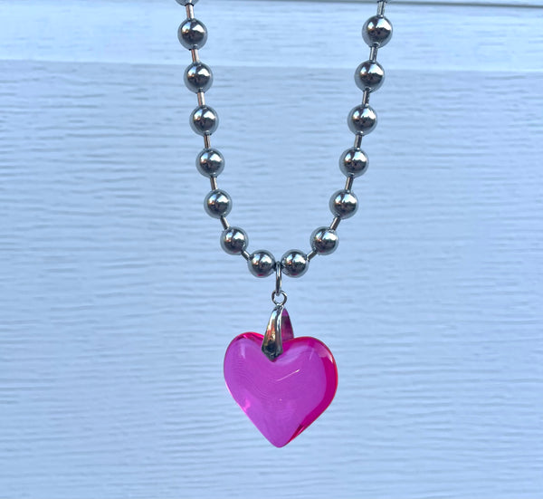 Hot Pink Heart of Glass Silver Necklace