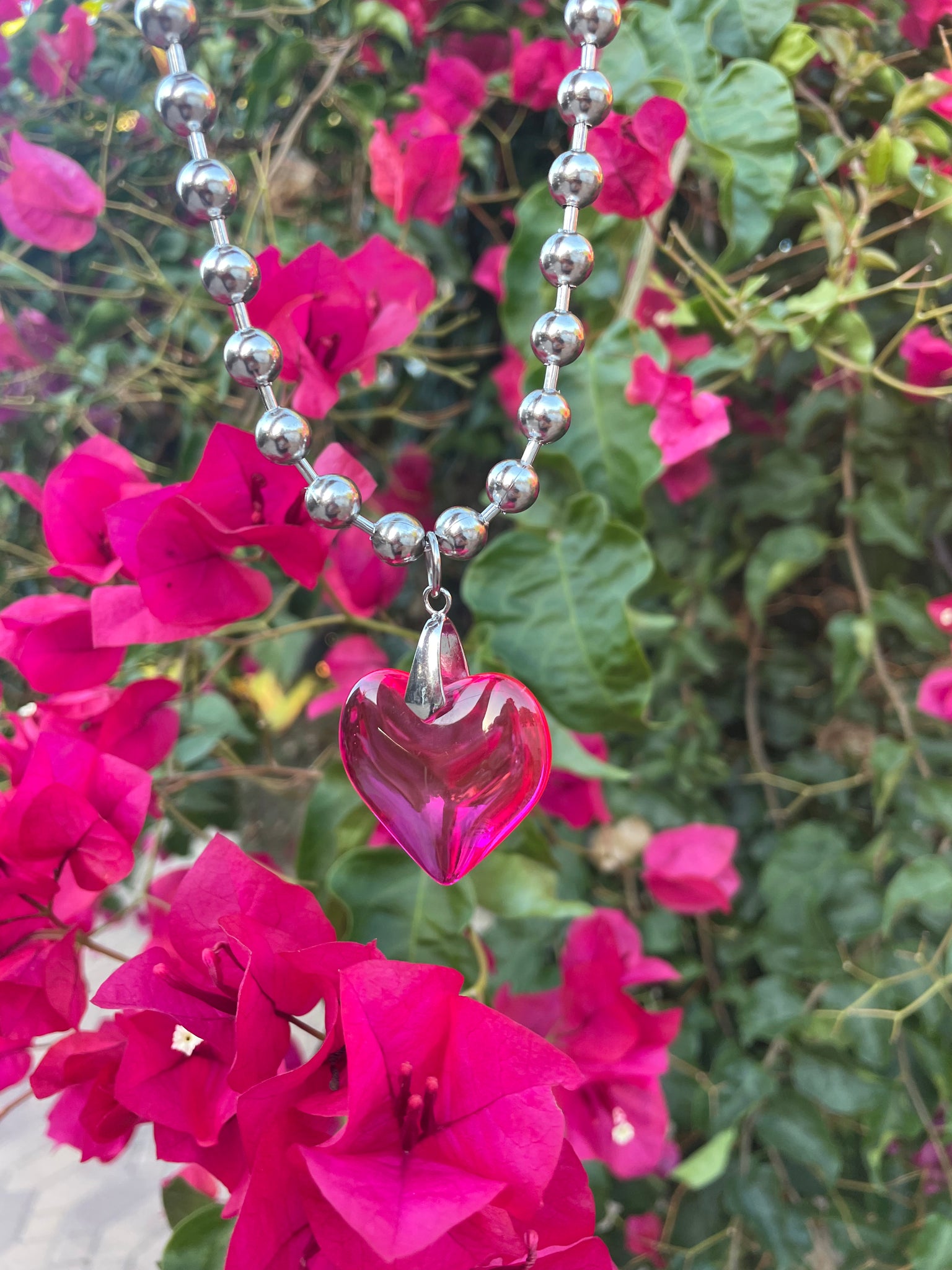 Hot Pink Heart of Glass Silver Necklace
